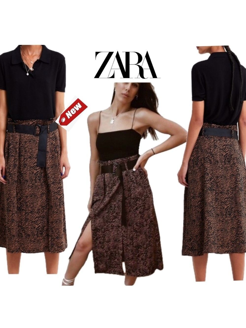 Zara animal print midi skirt brown black belted front slits tiger print Sz L NWT